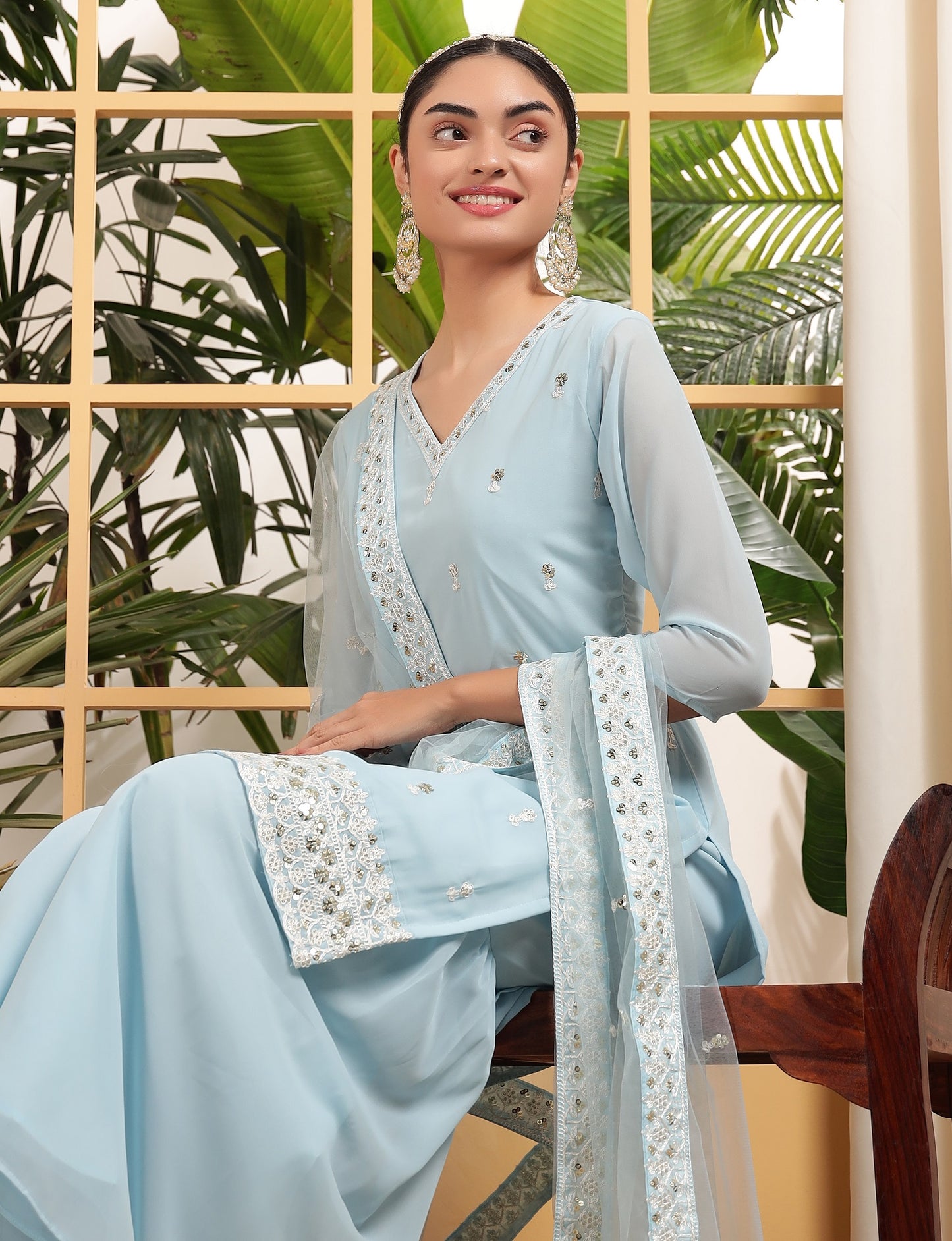 Teeya Creation Sky Color Georgette Fabric Heavy Embroidery Work Fully Stitched Palazzo Set - Distacart