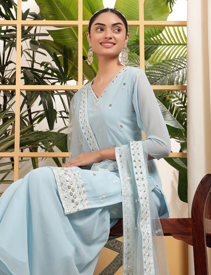 Teeya Creation Sky Color Georgette Fabric Heavy Embroidery Work Fully Stitched Palazzo Set - Distacart
