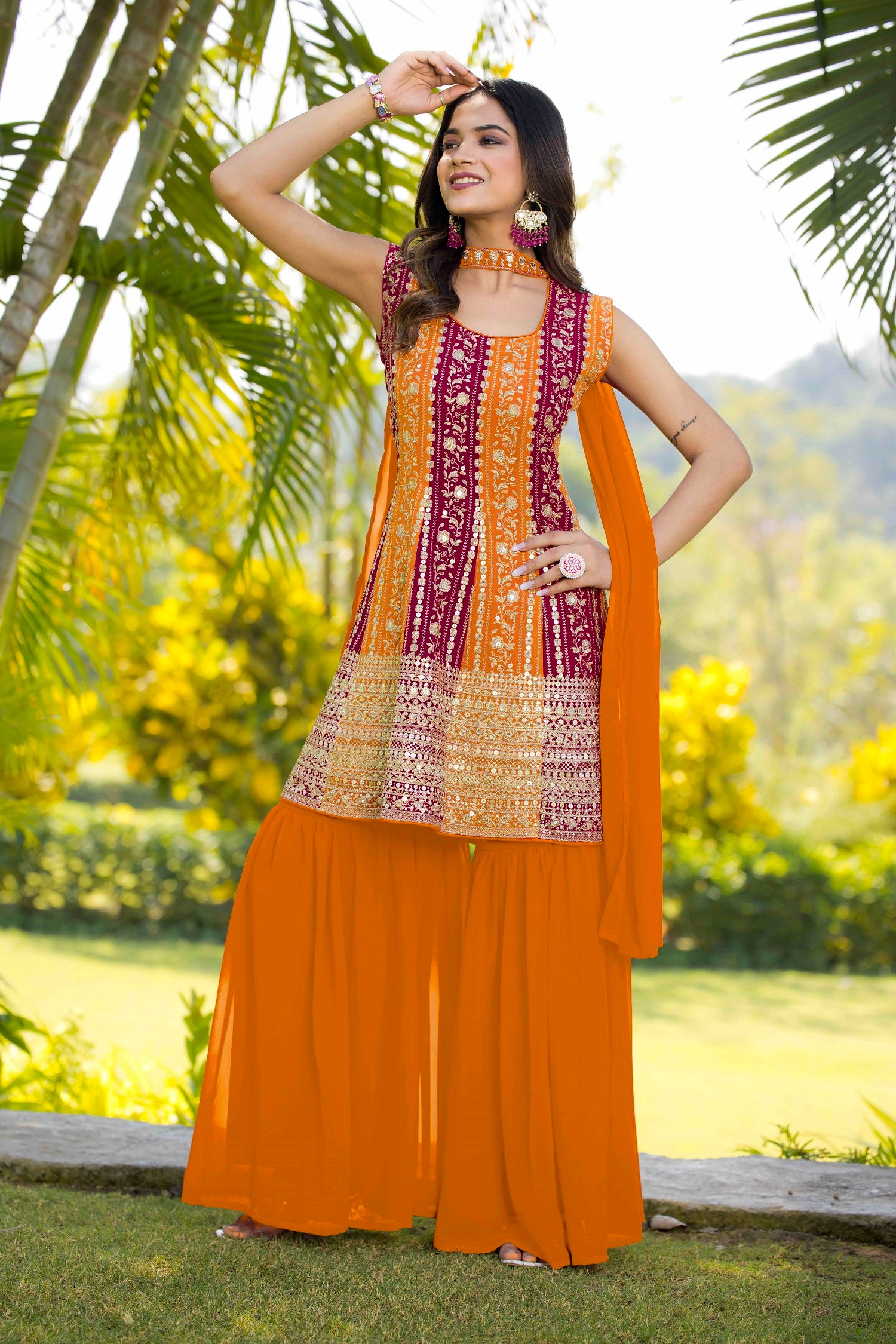 Teeya Creation Multi Color Georgette Heavy Embroidery Work Fully Stitched Palazzo Set - Distacart