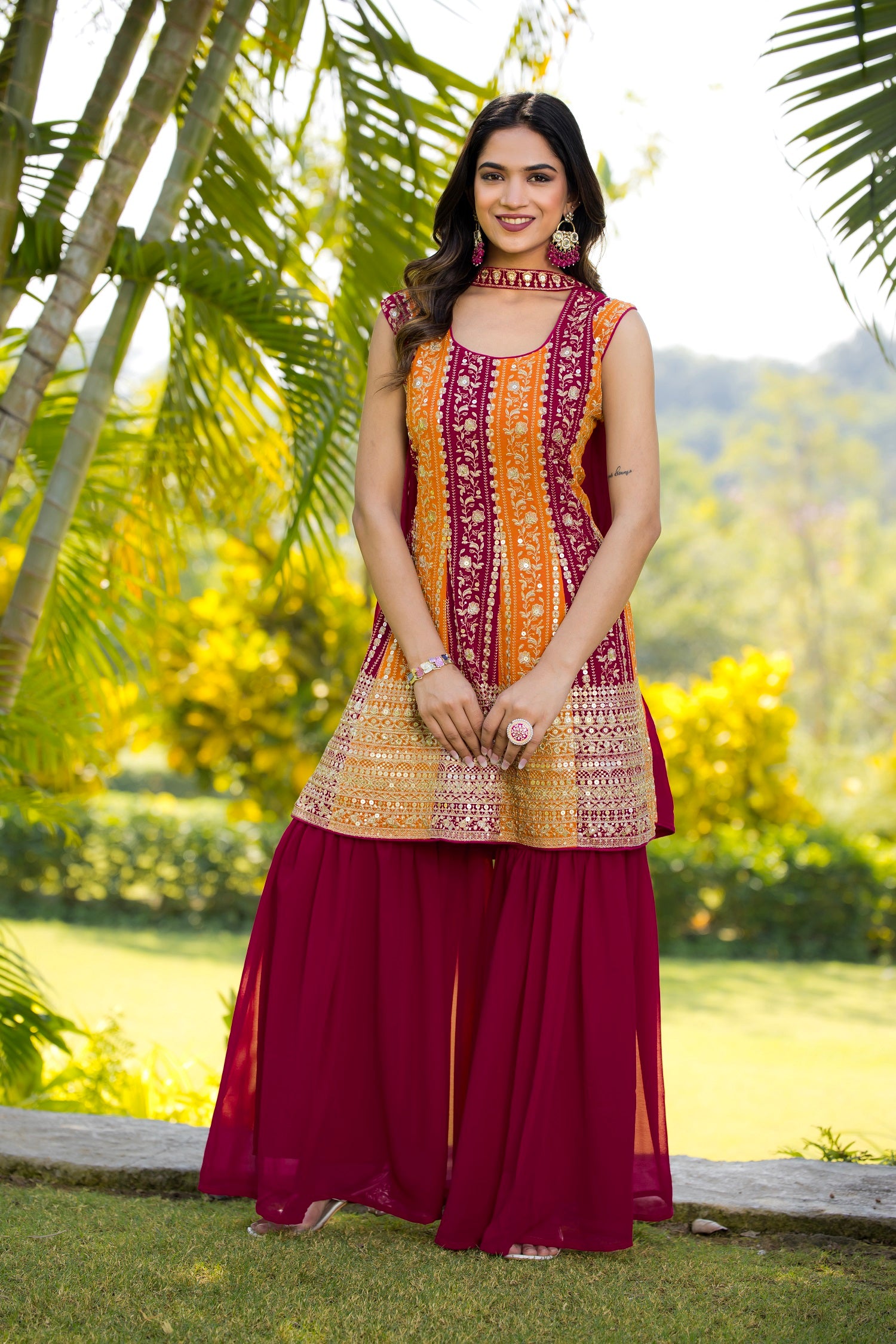 Teeya Creation Multi Color Georgette Heavy Embroidery Work Fully Stitched Palazzo Set - Distacart