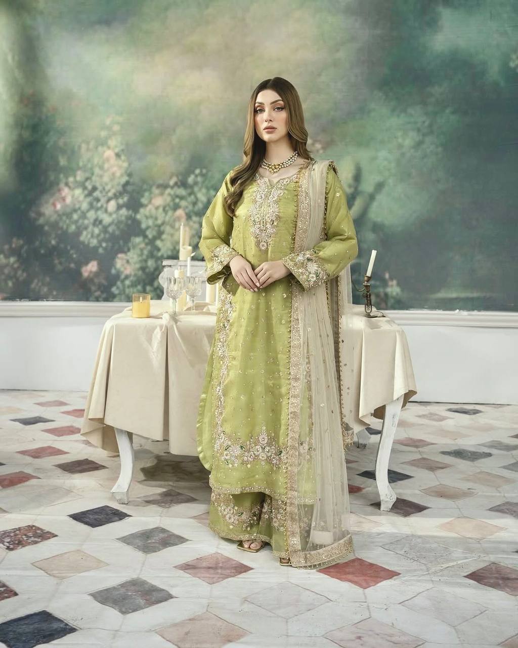 Teeya Creation Olive Color Pure Zimichhu Silk Embroidery Work Fully Stitched Palazzo Pair - Distacart