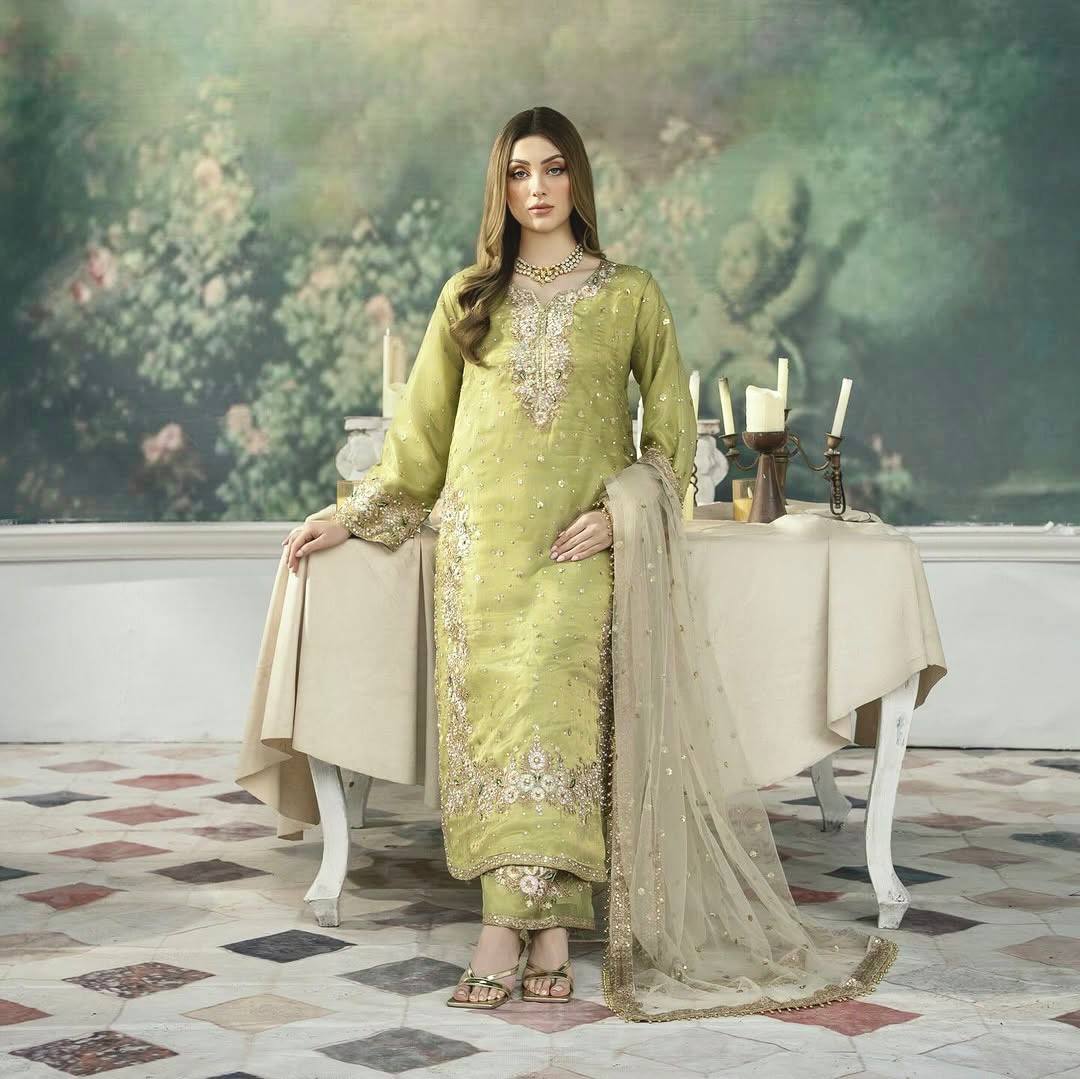 Teeya Creation Olive Color Pure Zimichhu Silk Embroidery Work Fully Stitched Palazzo Pair - Distacart
