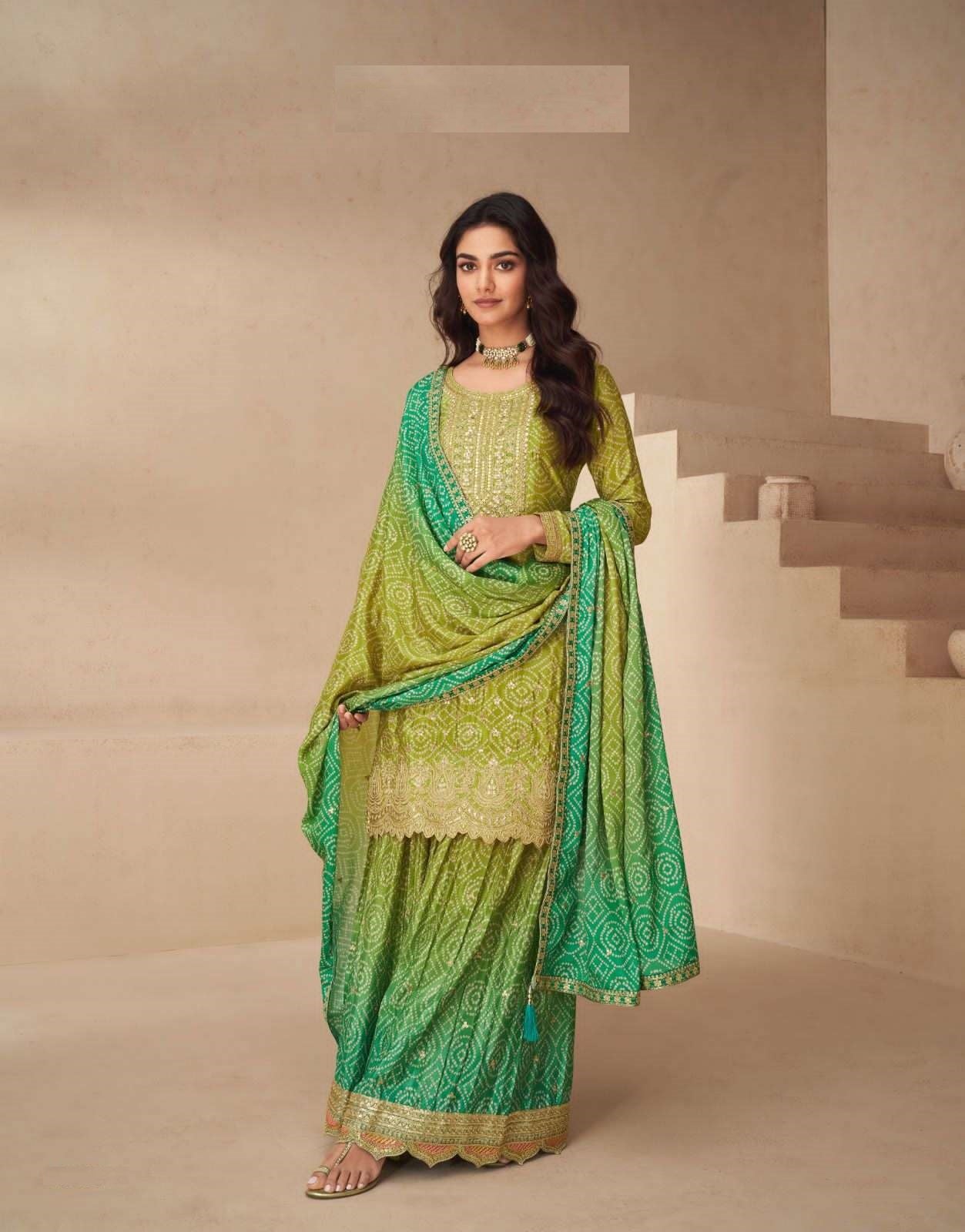 Teeya Creation Multi Color Chinnon Silk Digital Print With Embroidery Work Fully Stitched Palazzo Pair - Distacart