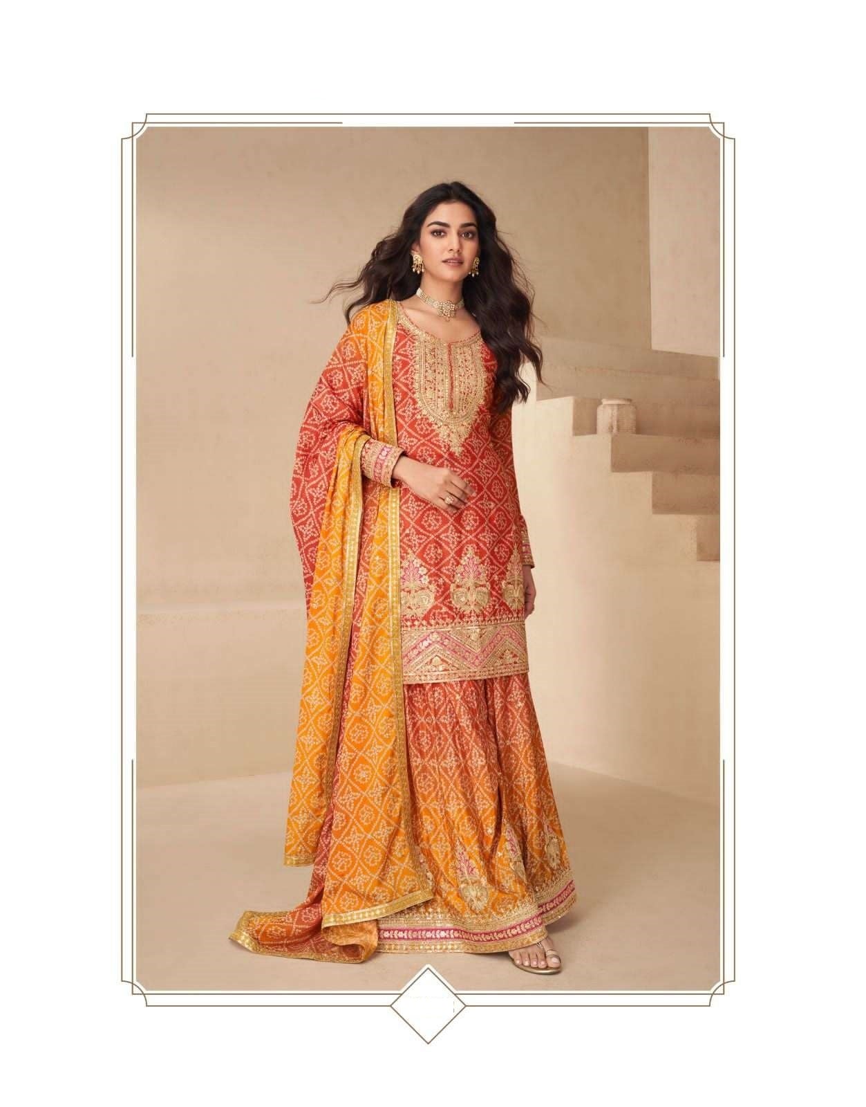 Teeya Creation Multi Color Chinnon Silk Digital Print With Embroidery Work Fully Stitched Palazzo Pair - Distacart