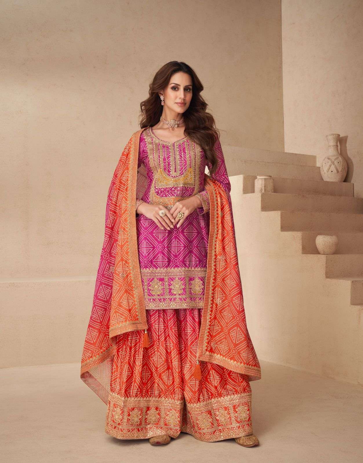 Teeya Creation Multi Color Chinnon Silk Digital Print With Embroidery Work Fully Stitched Palazzo Pair - Distacart
