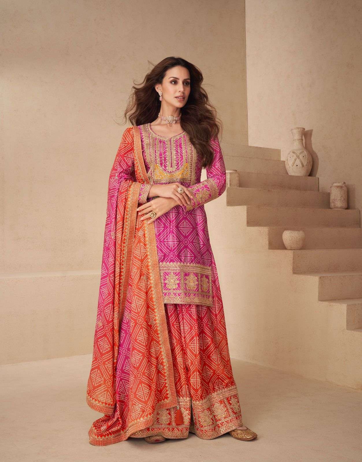 Teeya Creation Multi Color Chinnon Silk Digital Print With Embroidery Work Fully Stitched Palazzo Pair - Distacart