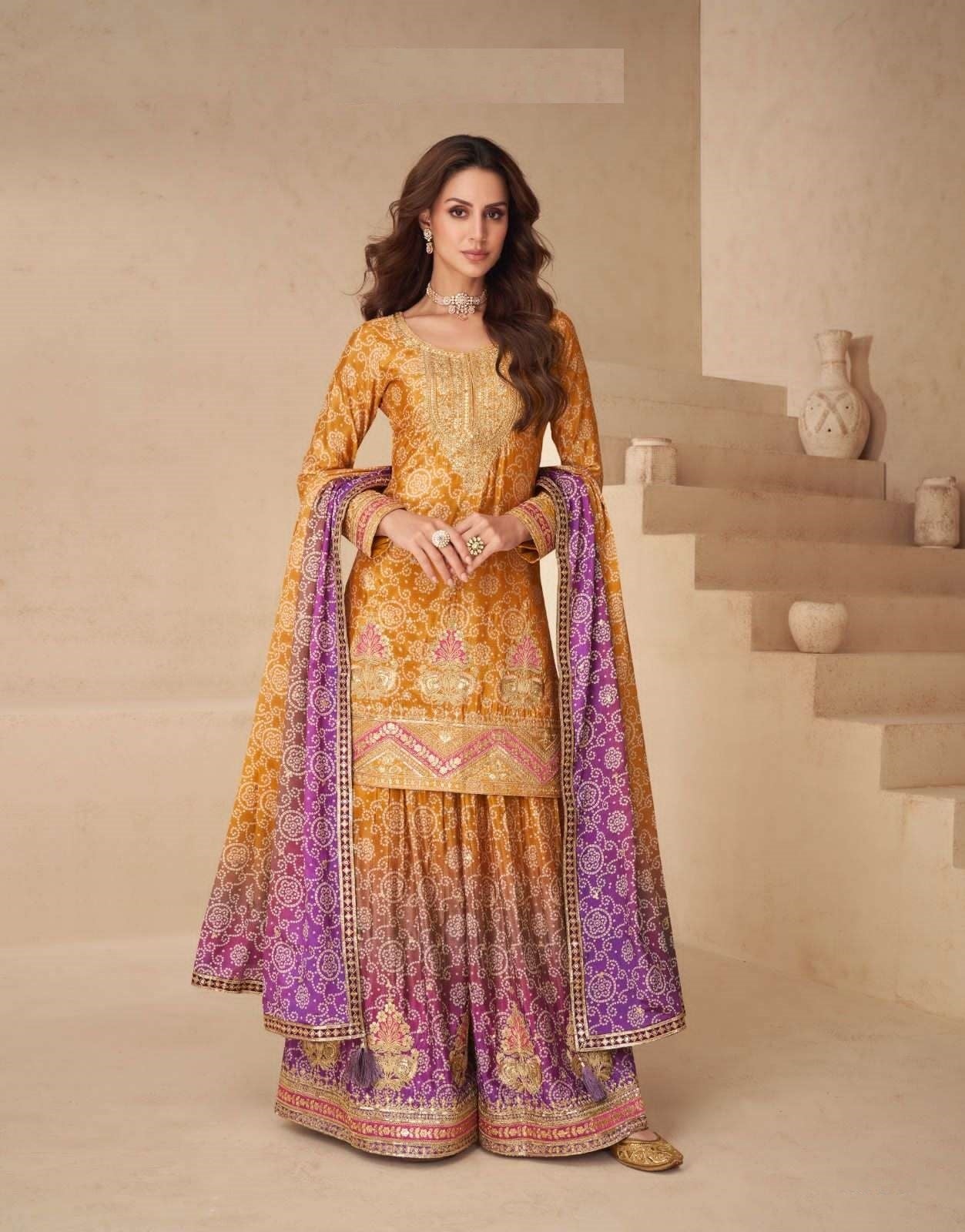 Teeya Creation Multi Color Chinnon Silk Digital Print With Embroidery Work Fully Stitched Palazzo Pair - Distacart