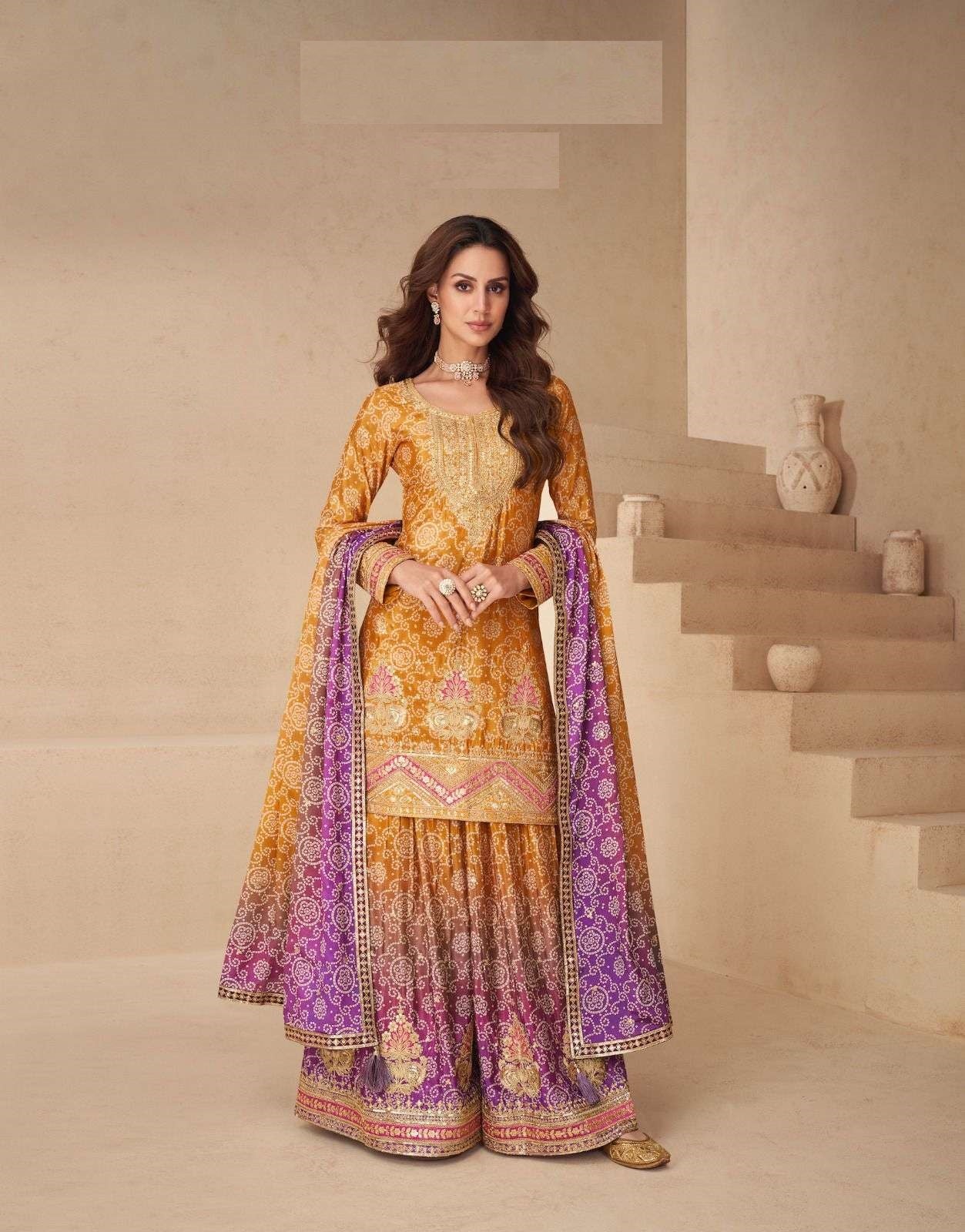 Teeya Creation Multi Color Chinnon Silk Digital Print With Embroidery Work Fully Stitched Palazzo Pair - Distacart