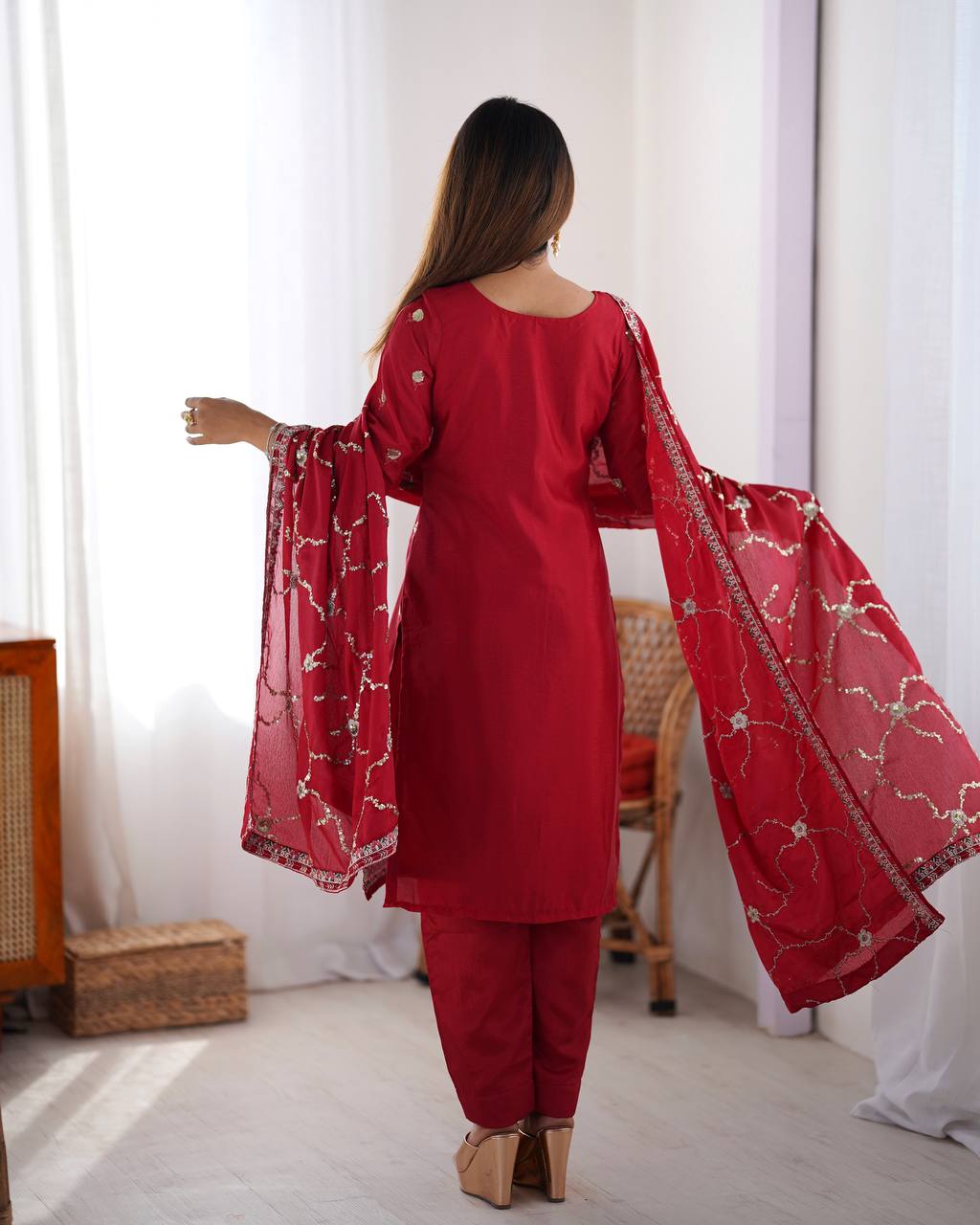 Teeya Creation Red Color Chinnon Silk Heavy Embroidery Work Fully Stitched Salwar Suit - Distacart