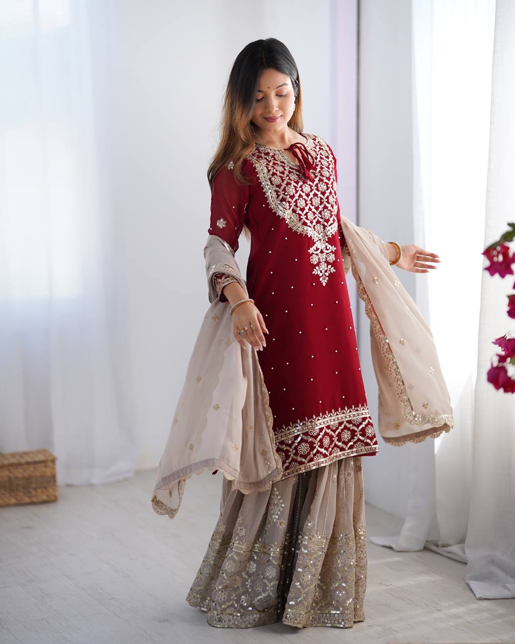 Teeya Creation Red Color Faux Georgette Embroidery Work Fully Stitched Salwar Suit - Distacart