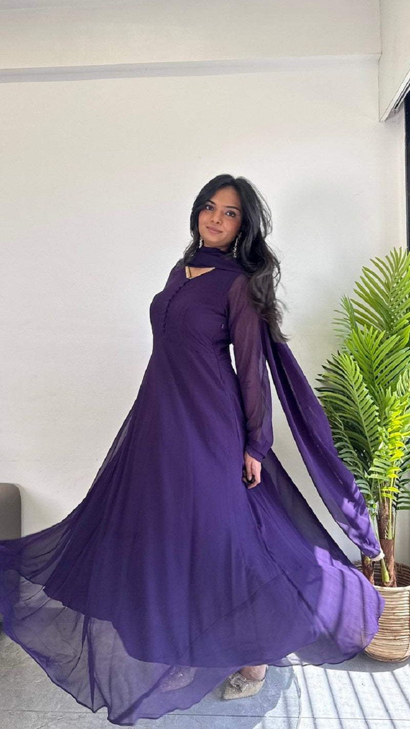 Teeya Creation Purple Color Faux Georgette Digital Print Fully Stitched Gown - Distacart