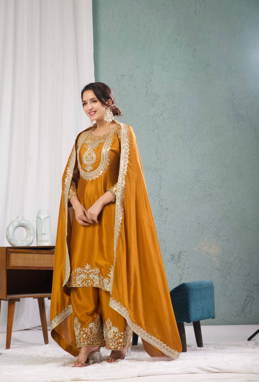 Teeya Creation Yellow Color Chinnon Silk Embroidery Work Fully Stitched Plazo Pair - Distacart
