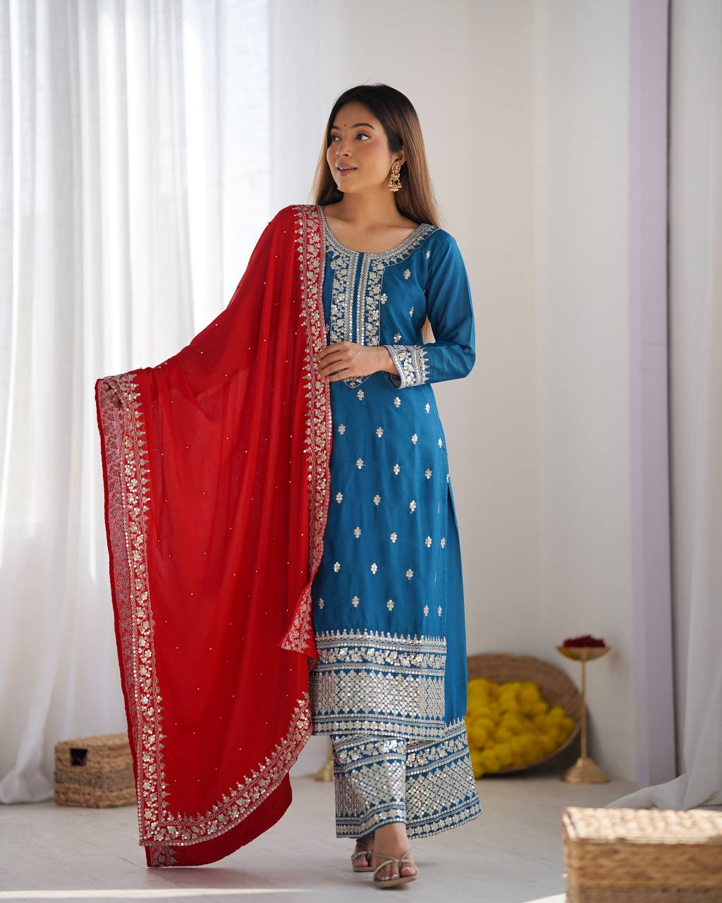 Teeya Creation Blue Color Chinnon Silk Embroidery Work Fully Stitched Salwar Suit - Distacart