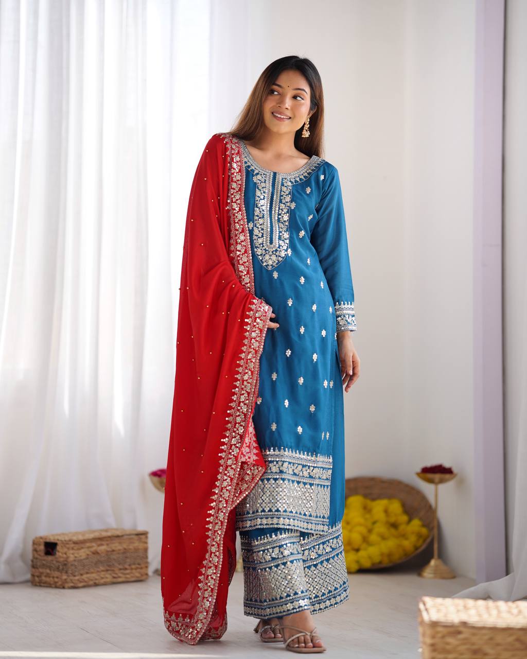 Teeya Creation Blue Color Chinnon Silk Embroidery Work Fully Stitched Salwar Suit - Distacart