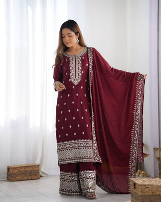 Teeya Creation Maroon Color Chinnon Silk Embroidery Work Fully Stitched Salwar Suit - Distacart