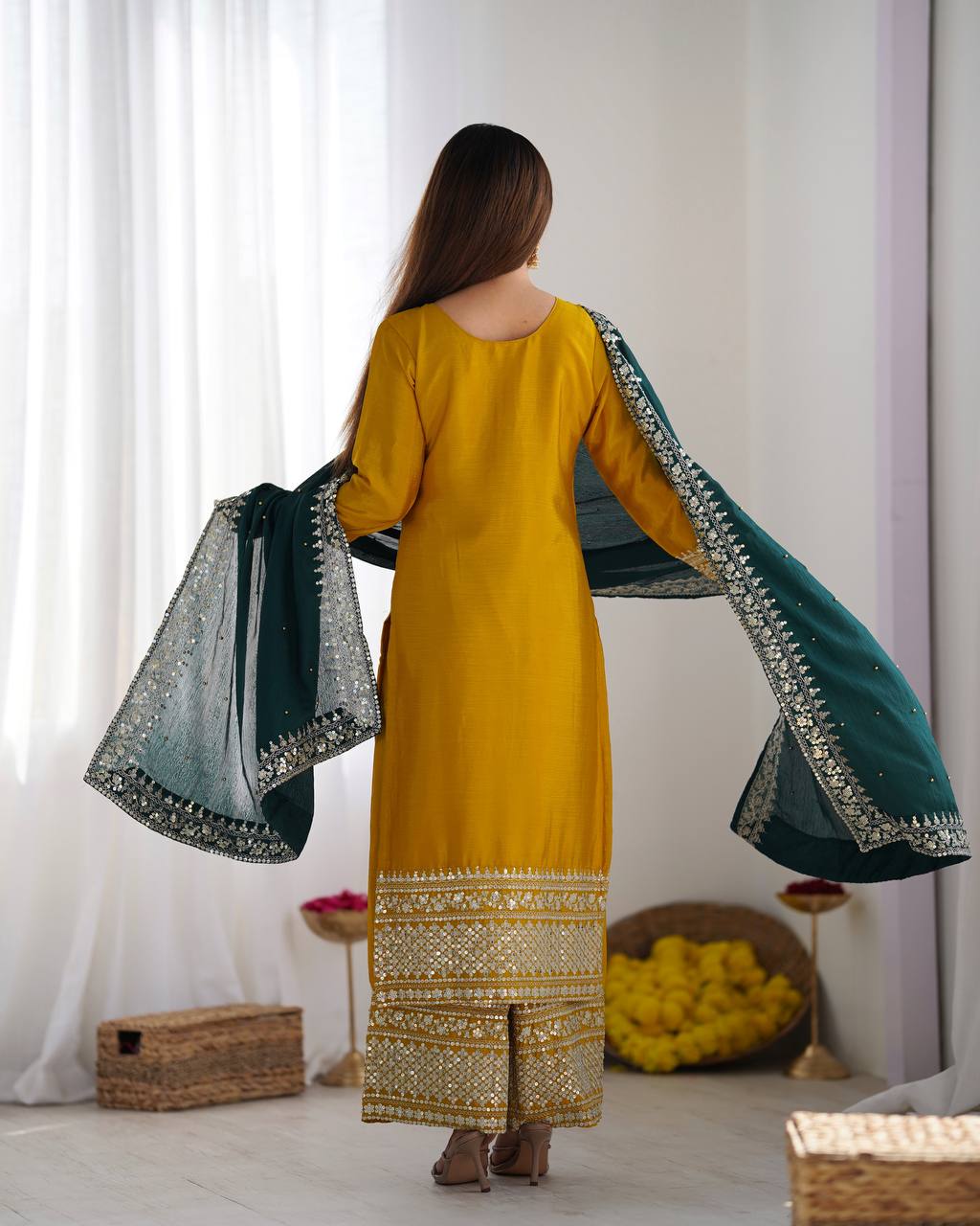 Teeya Creation Yellow Color Chinnon Silk Embroidery Work Fully Stitched Salwar Suit - Distacart