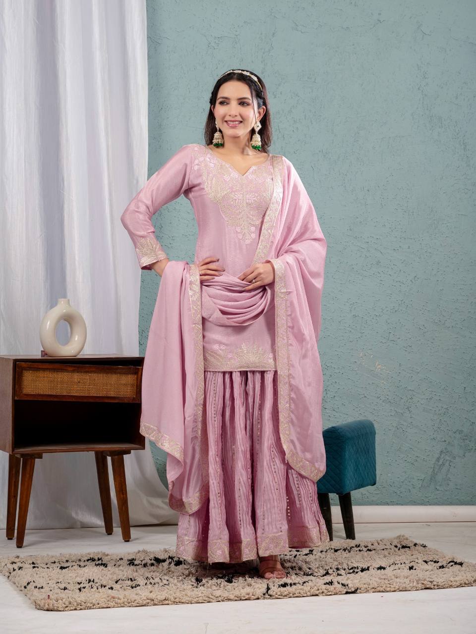 Teeya Creation Baby Pink Color Chinnon Silk Embroidery Work Fully Stitched Salwar Suit - Distacart