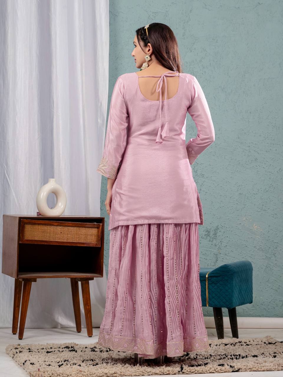 Teeya Creation Baby Pink Color Chinnon Silk Embroidery Work Fully Stitched Salwar Suit - Distacart