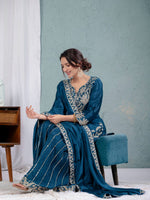 Thumbnail for Teeya Creation Blue Color Chinnon Silk Embroidery Work Fully Stitched Salwar Suit - Distacart