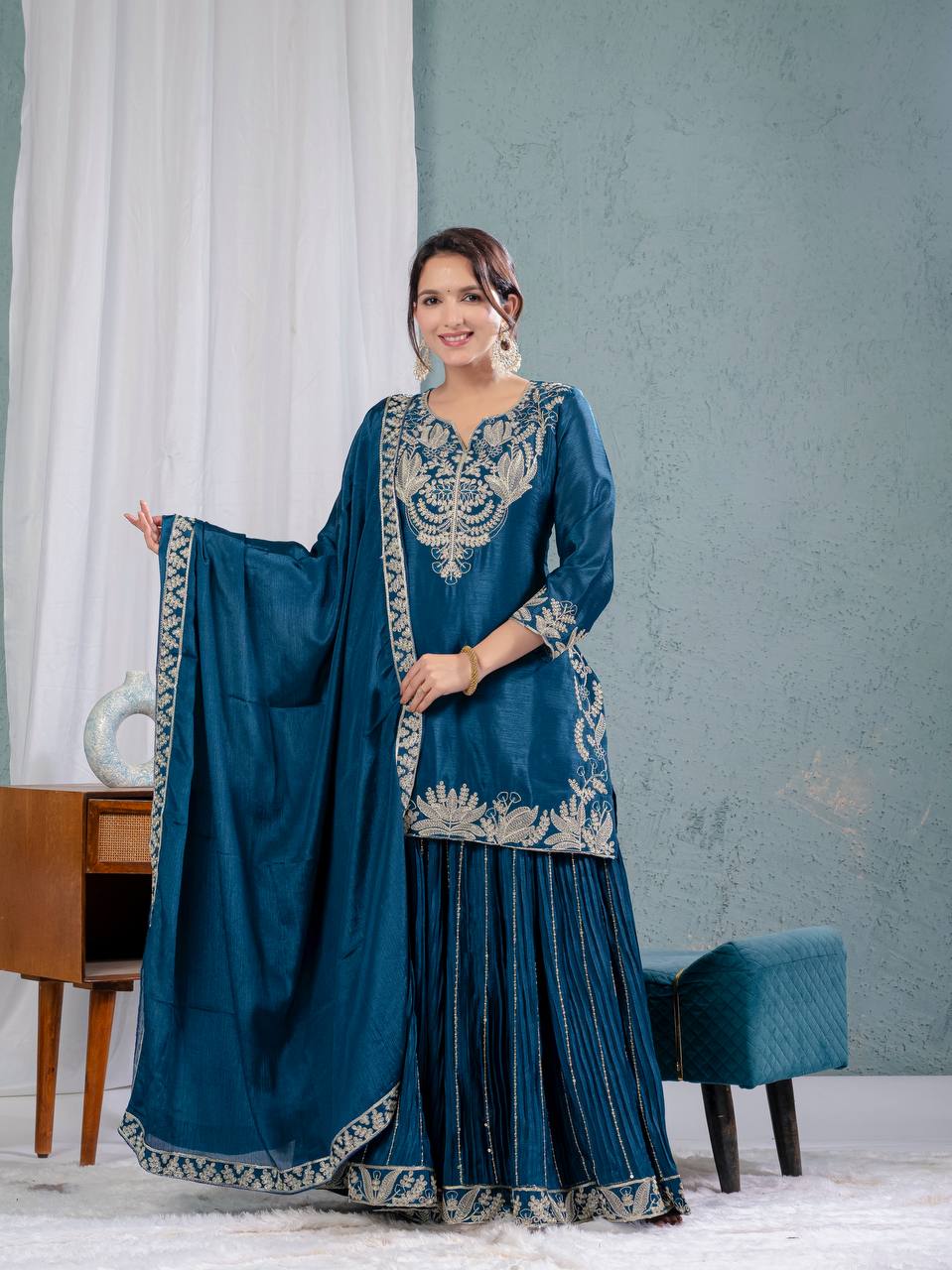 Teeya Creation Blue Color Chinnon Silk Embroidery Work Fully Stitched Salwar Suit - Distacart