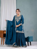 Thumbnail for Teeya Creation Blue Color Chinnon Silk Embroidery Work Fully Stitched Salwar Suit - Distacart