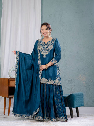 Teeya Creation Blue Color Chinnon Silk Embroidery Work Fully Stitched Salwar Suit - Distacart