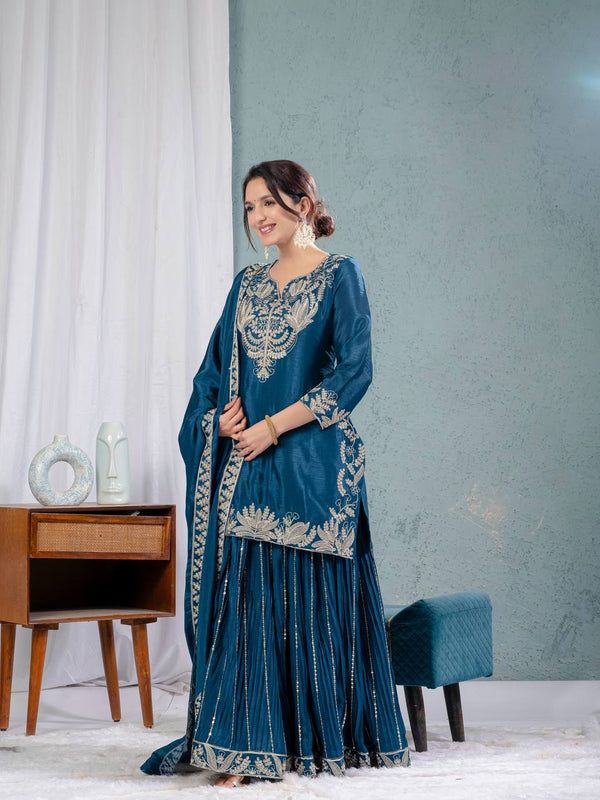 Teeya Creation Blue Color Chinnon Silk Embroidery Work Fully Stitched Salwar Suit - Distacart