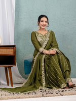 Thumbnail for Teeya Creation Mehendi Color Chinnon Silk Embroidery Work Fully Stitched Salwar Suit - Distacart