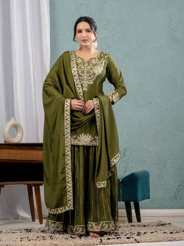 Teeya Creation Mehendi Color Chinnon Silk Embroidery Work Fully Stitched Salwar Suit - Distacart