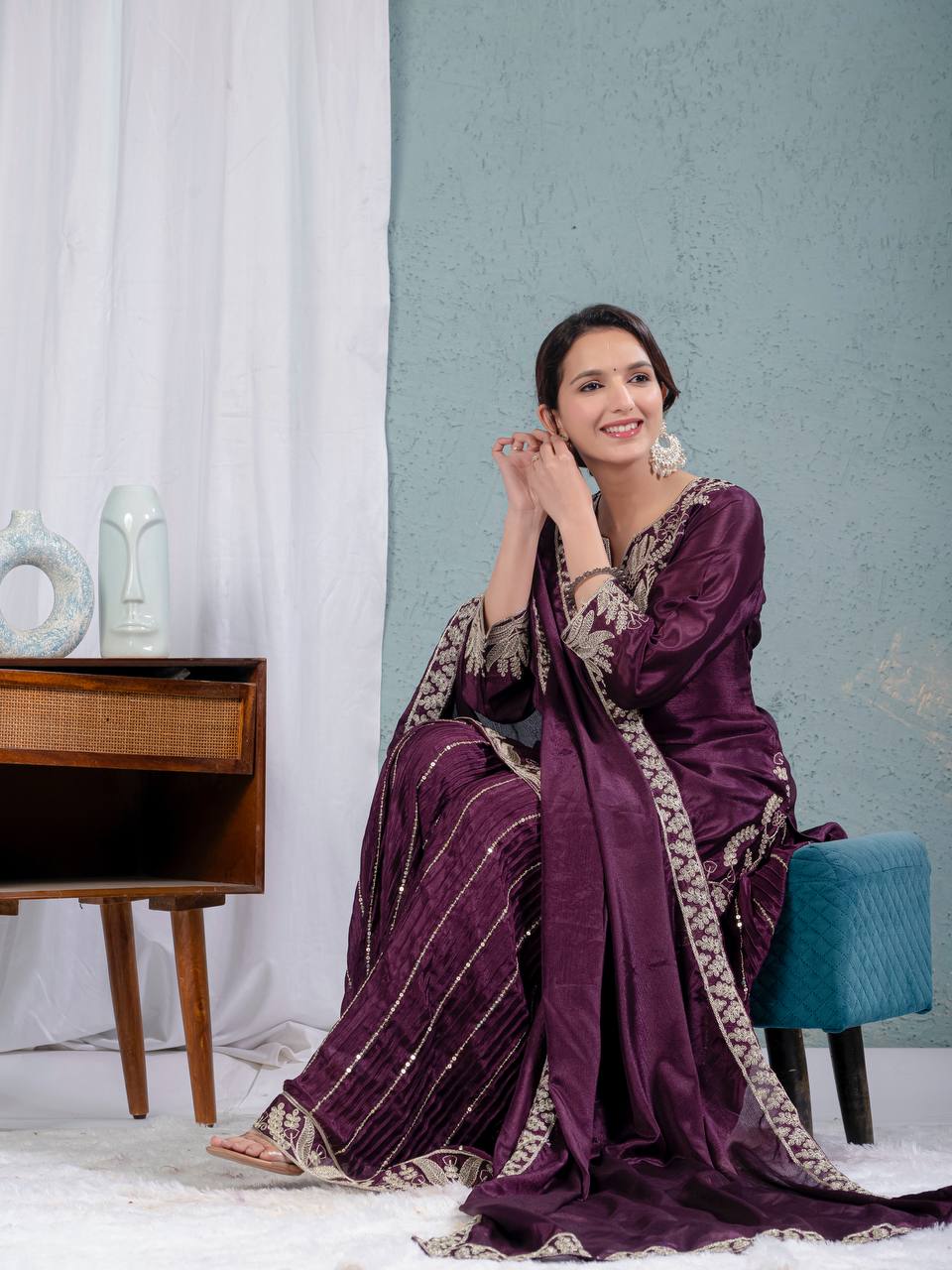 Teeya Creation Violet Color Chinnon Silk Embroidery Work Fully Stitched Salwar Suit - Distacart