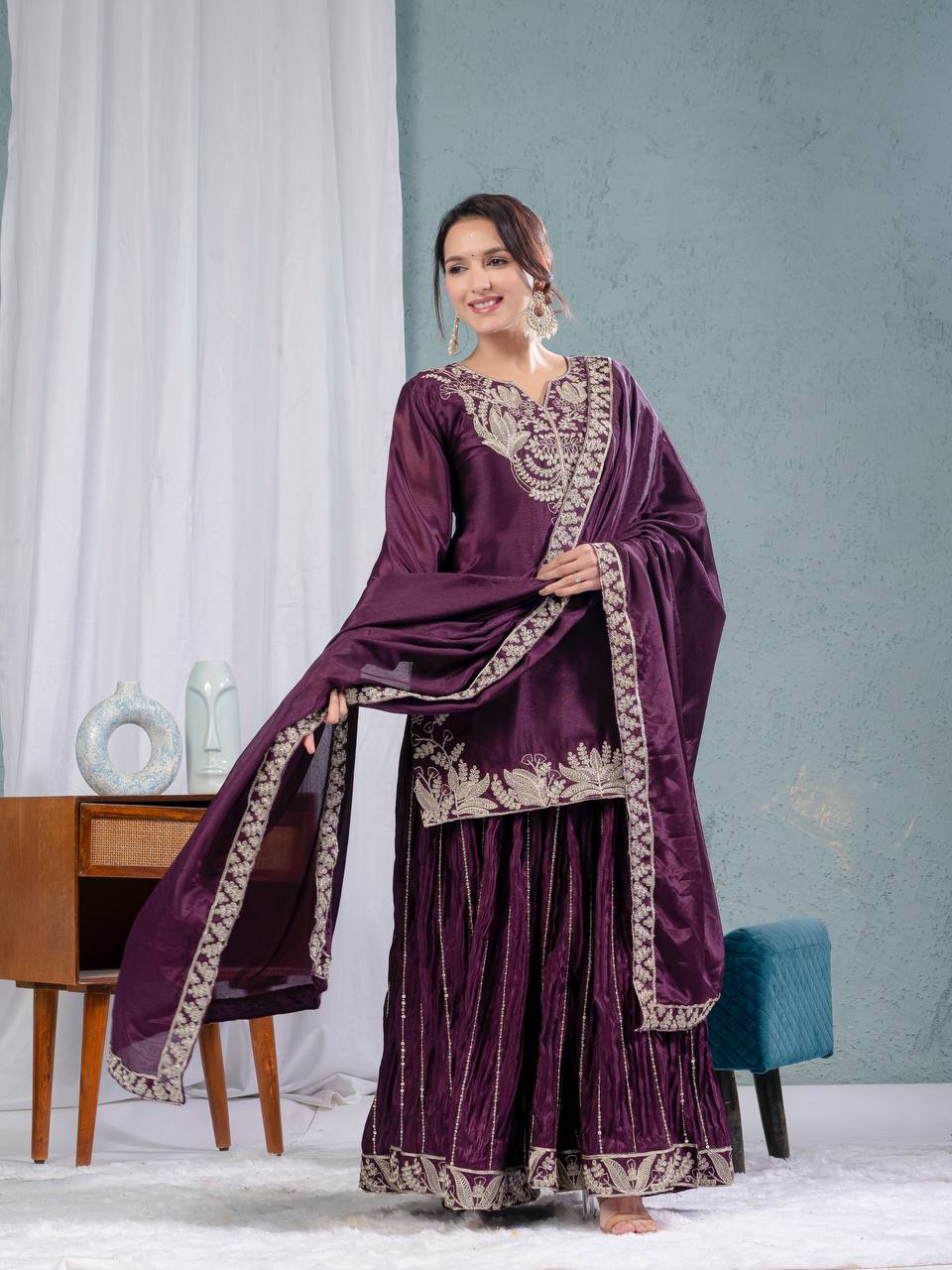 Teeya Creation Violet Color Chinnon Silk Embroidery Work Fully Stitched Salwar Suit - Distacart