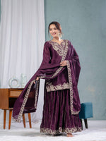 Thumbnail for Teeya Creation Violet Color Chinnon Silk Embroidery Work Fully Stitched Salwar Suit - Distacart
