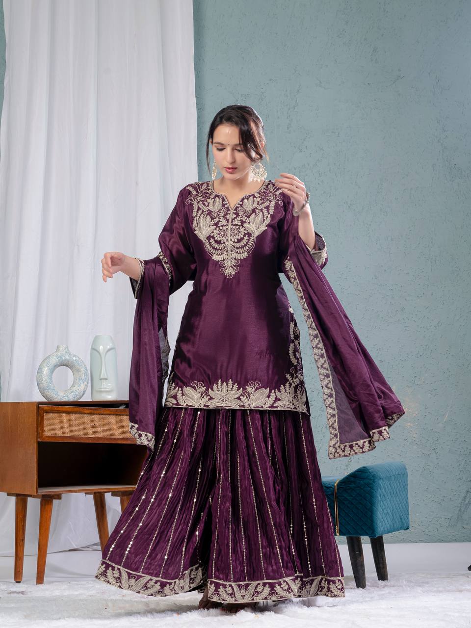 Teeya Creation Violet Color Chinnon Silk Embroidery Work Fully Stitched Salwar Suit - Distacart