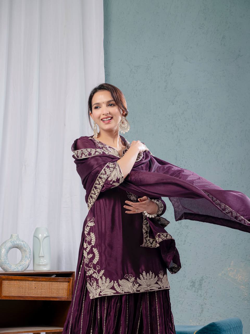 Teeya Creation Violet Color Chinnon Silk Embroidery Work Fully Stitched Salwar Suit - Distacart