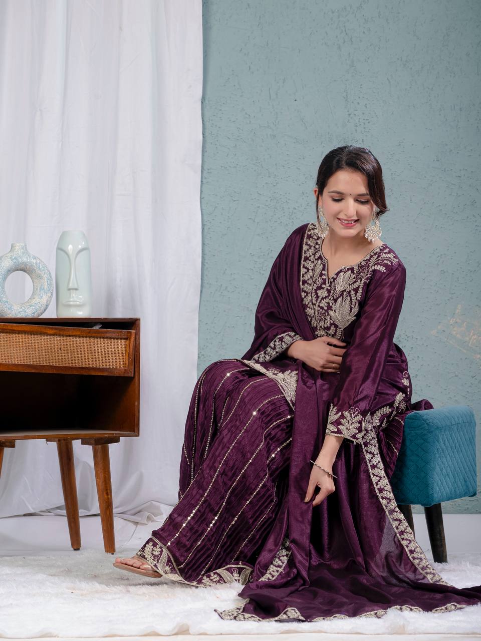 Teeya Creation Violet Color Chinnon Silk Embroidery Work Fully Stitched Salwar Suit - Distacart