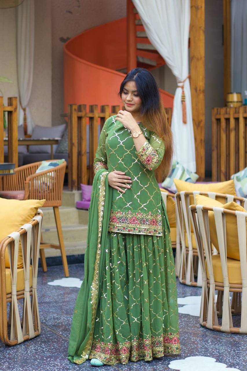 Teeya Creation Green Color Chinnon Silk Embroidery Work Fully Stitched Salwar Suit - Distacart