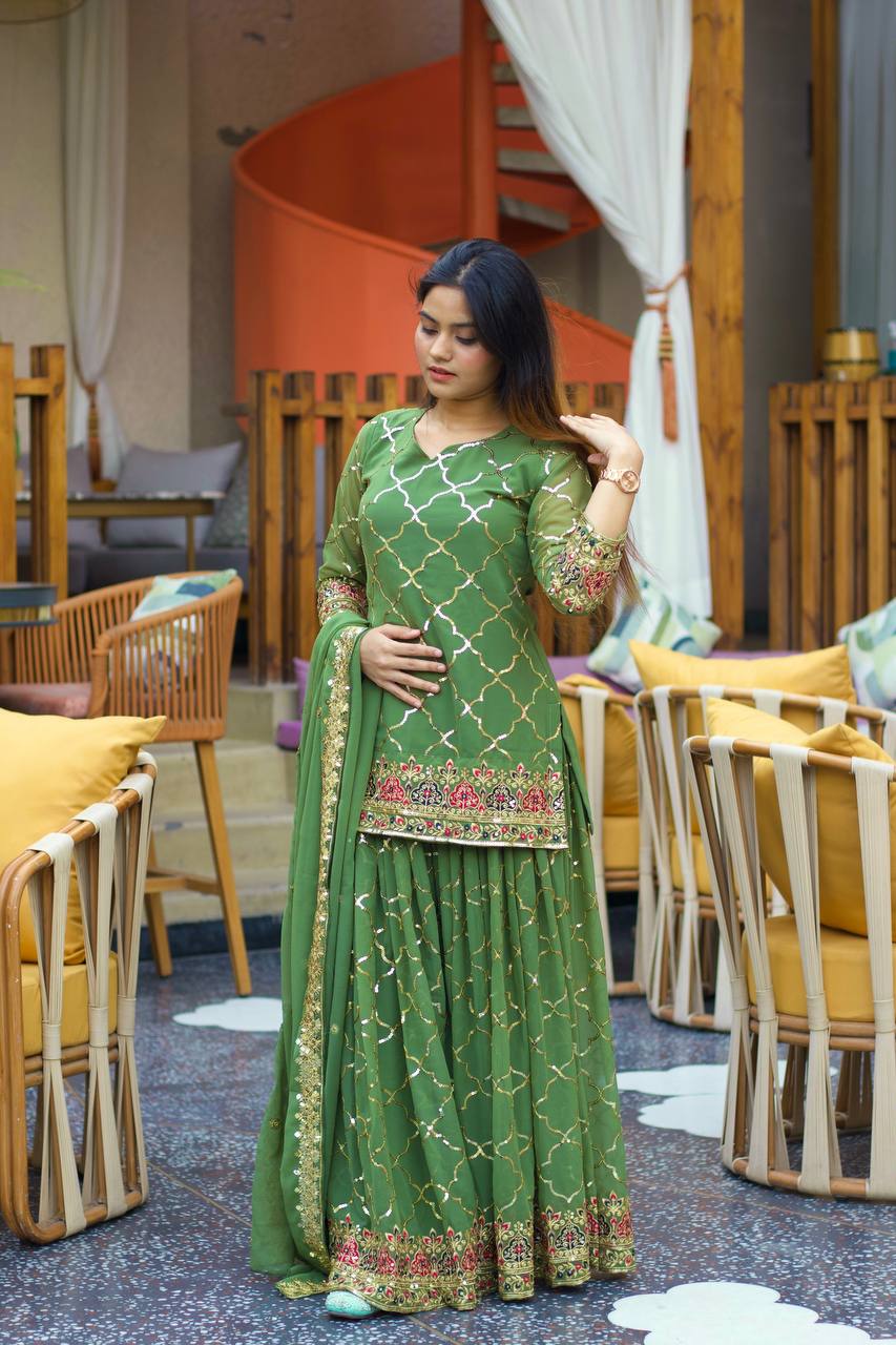 Teeya Creation Green Color Chinnon Silk Embroidery Work Fully Stitched Salwar Suit - Distacart
