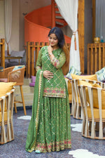 Thumbnail for Teeya Creation Green Color Chinnon Silk Embroidery Work Fully Stitched Salwar Suit - Distacart