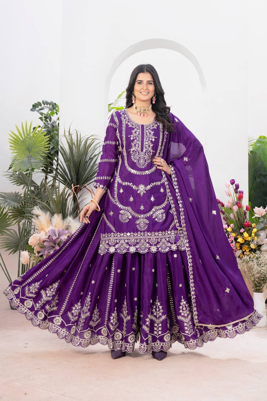 Teeya Creation Purple Color Chinnon Silk Embroidery Work Fully Stitched Salwar Suit - Distacart