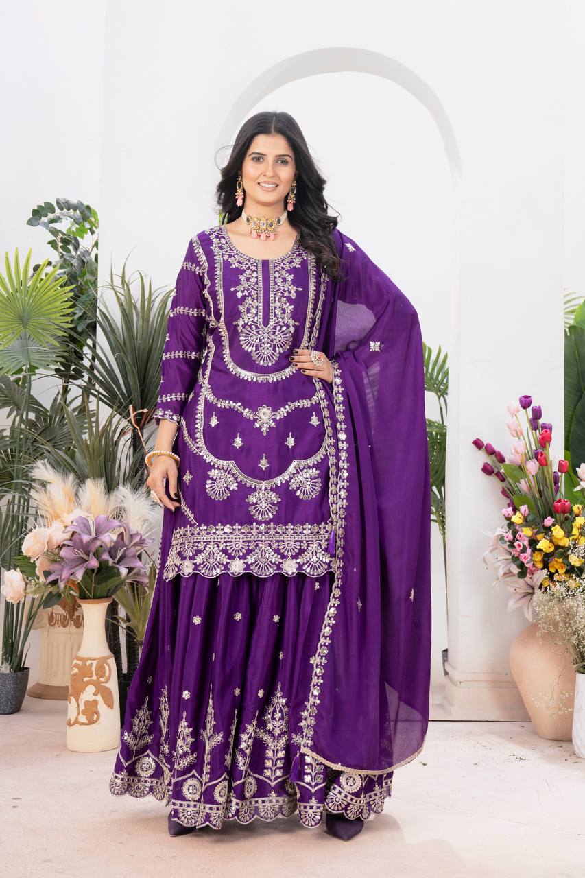 Teeya Creation Purple Color Chinnon Silk Embroidery Work Fully Stitched Salwar Suit - Distacart
