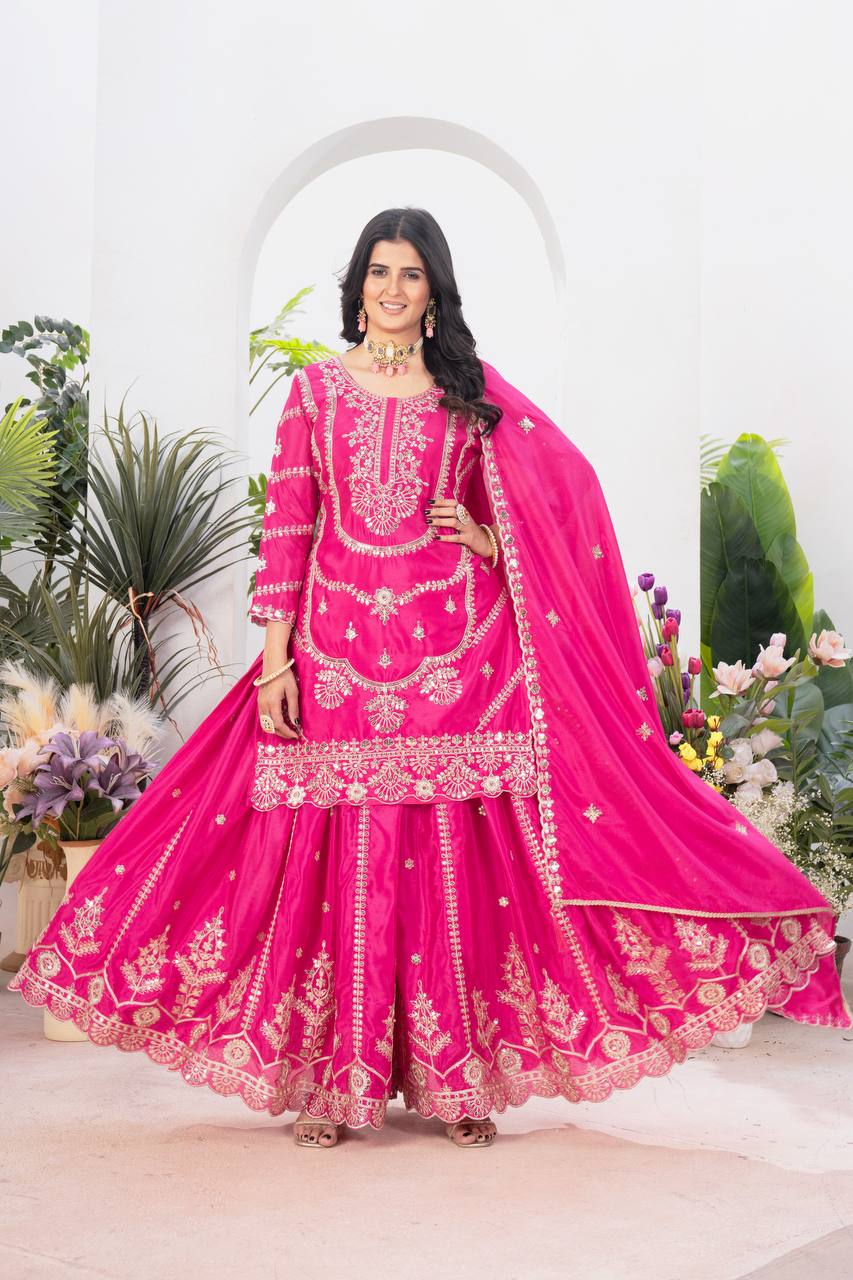 Teeya Creation Rani Color Chinnon Silk Embroidery Work Fully Stitched Salwar Suit - Distacart
