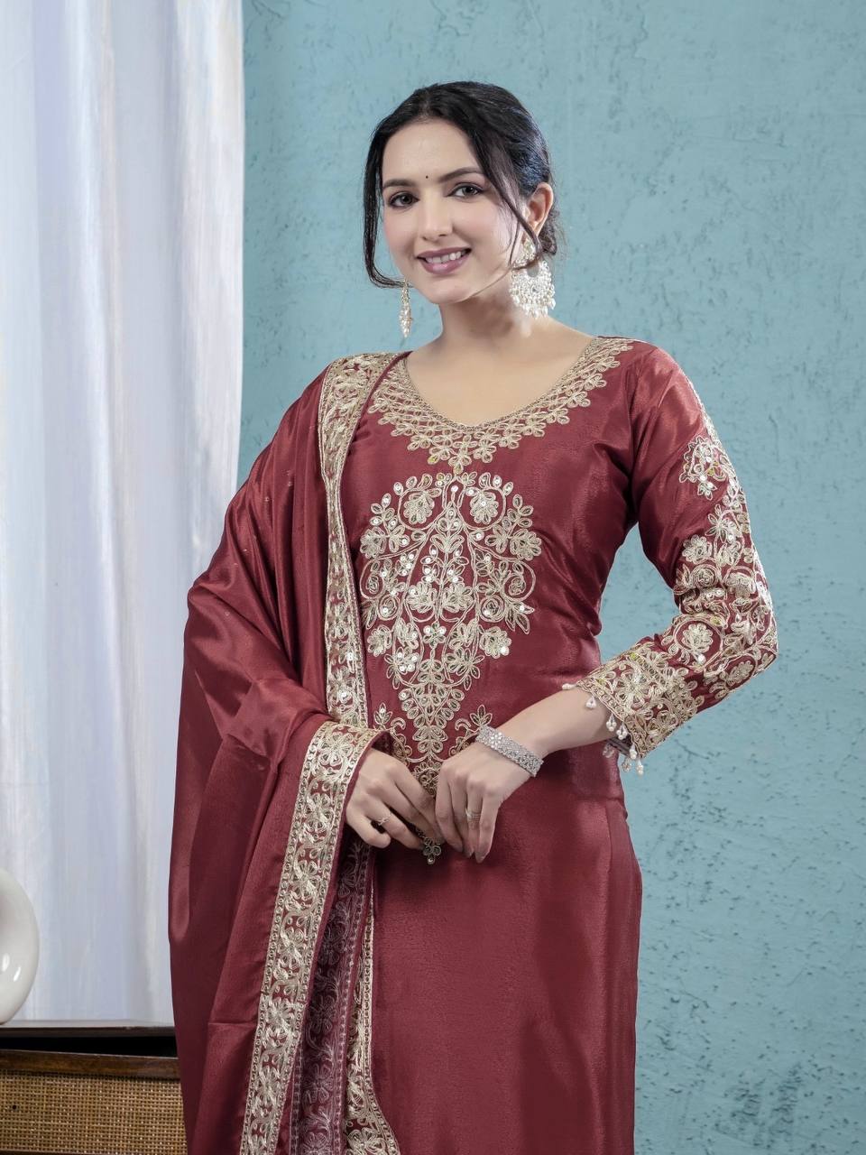 Teeya Creation Maroon Color Chinnon Silk Embroidery Work Fully Stitched Salwar Suit - Distacart
