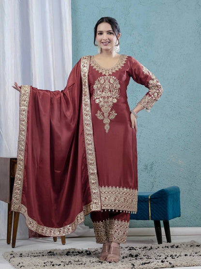 Teeya Creation Maroon Color Chinnon Silk Embroidery Work Fully Stitched Salwar Suit - Distacart