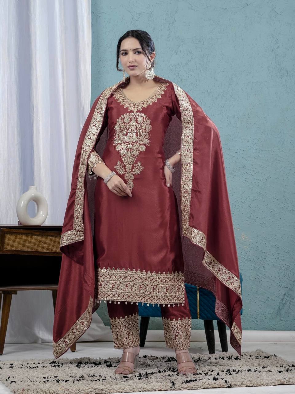 Teeya Creation Maroon Color Chinnon Silk Embroidery Work Fully Stitched Salwar Suit - Distacart