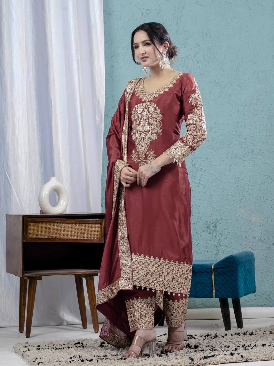Teeya Creation Maroon Color Chinnon Silk Embroidery Work Fully Stitched Salwar Suit - Distacart