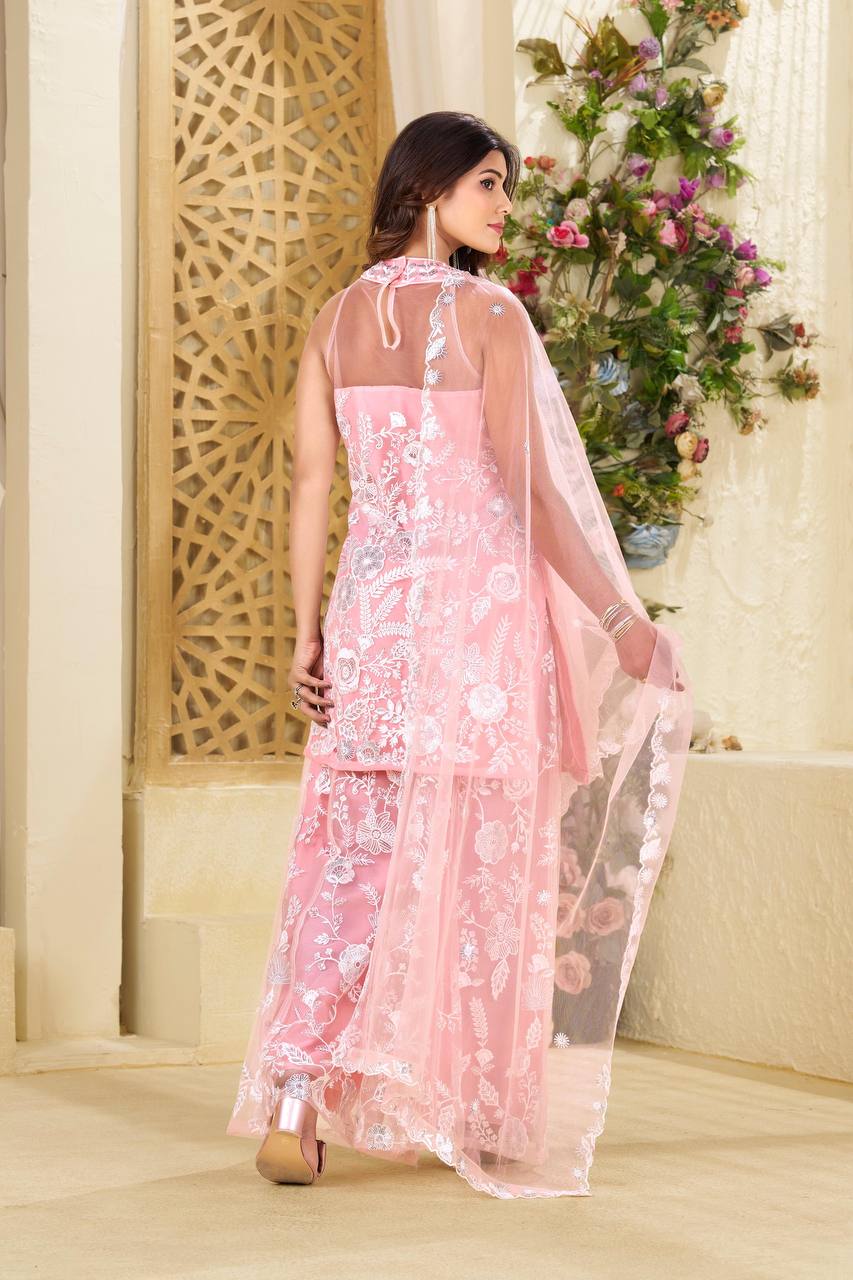 Teeya Creation Pink Colour Butterfly Net Embroidery Work Fully Stitched Pakistani Suit