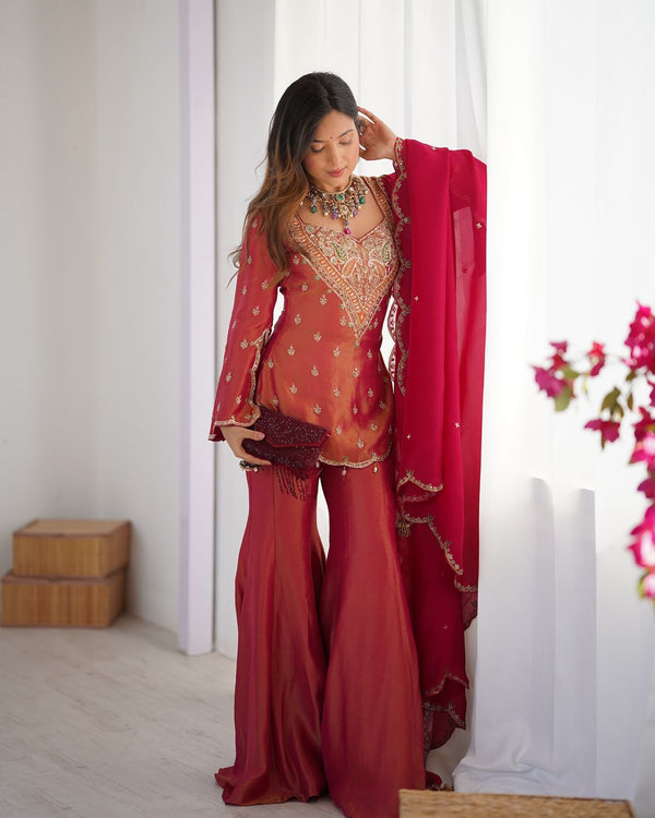 Teeya Creation Red Colour Beautiful Simmar Silk Pakistani Suit