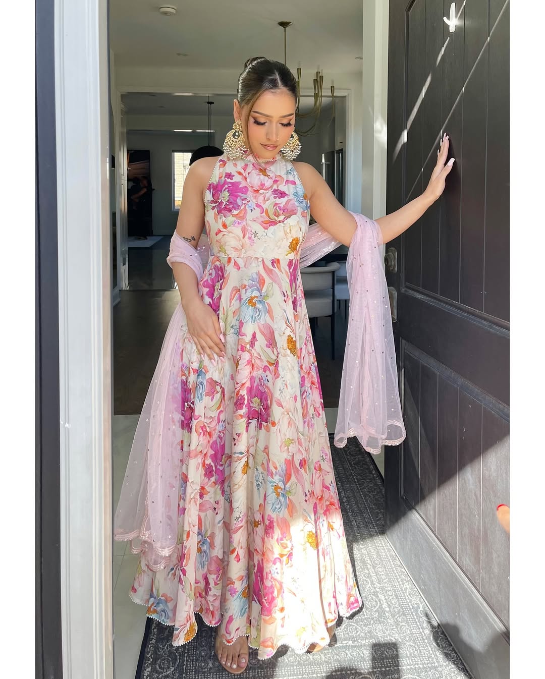 Teeya Creation Multi Colour Georgette Digital Print With Pearl Lace Work Long Gown