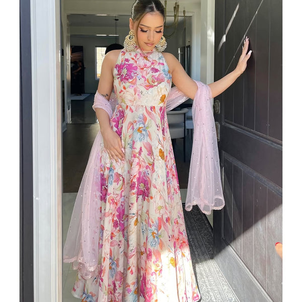 Teeya Creation Multi Colour Georgette Digital Print With Pearl Lace Work Long Gown