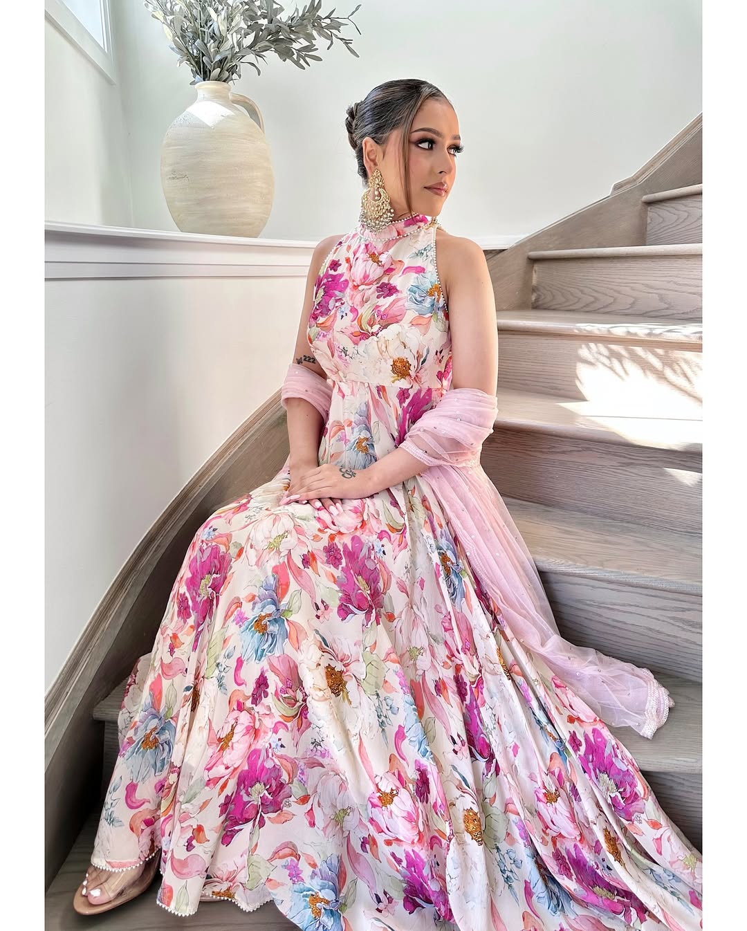 Teeya Creation Multi Colour Georgette Digital Print With Pearl Lace Work Long Gown